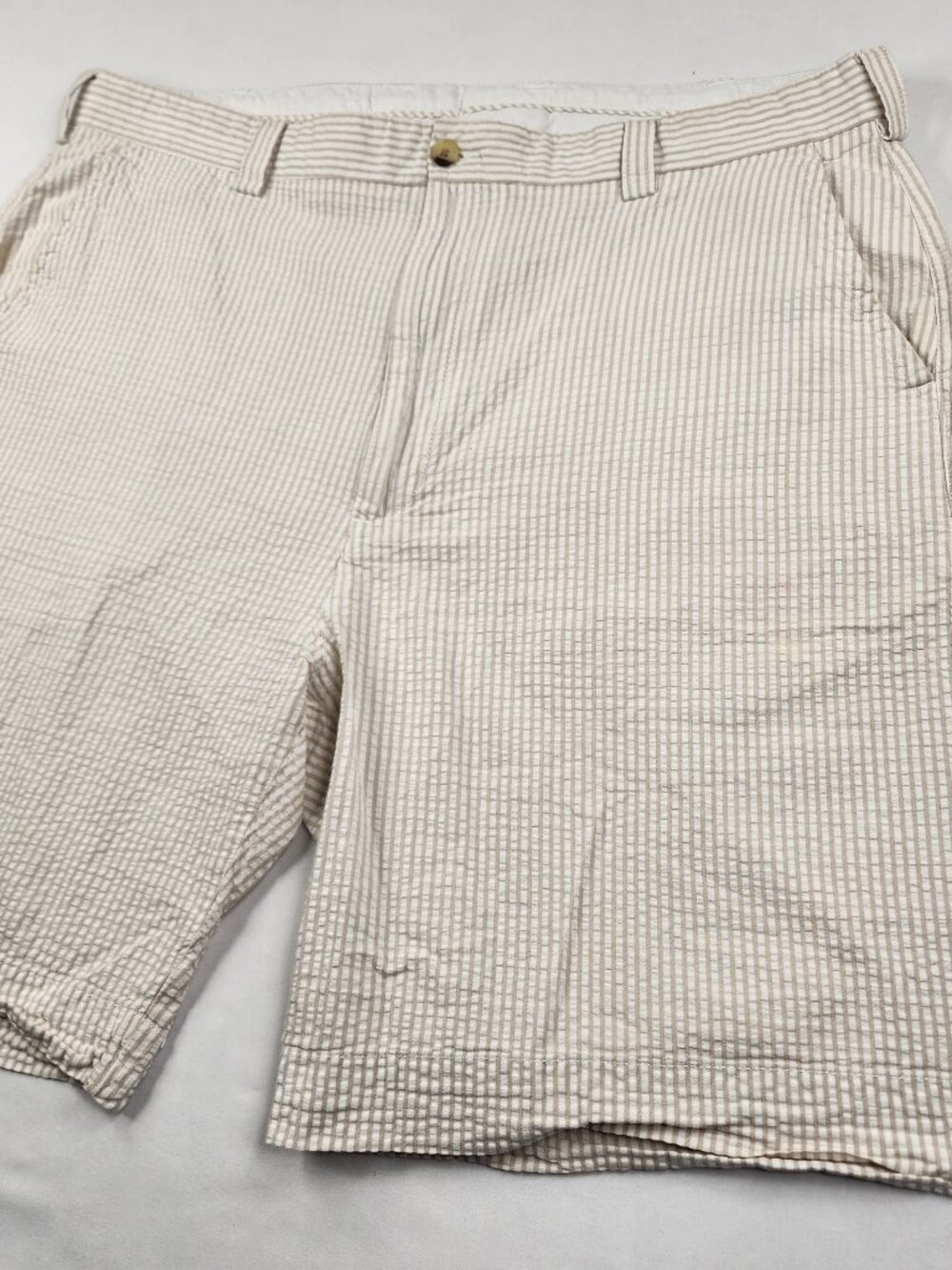 Alan Flusser Men’s 40 Seersucker Shorts White Tan Stripe Cotton Chino Golf FLAW